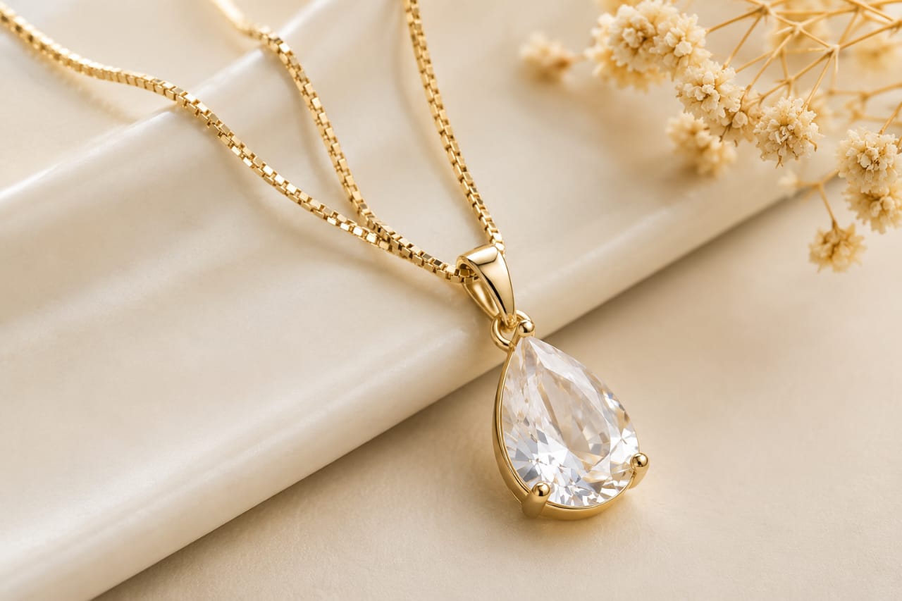 Colar dourado com pingente em formato de gota